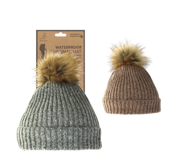 LADIES WATERPROOF BOBBLE HAT - SHERPA LINED