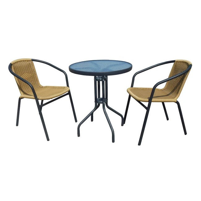 RATTAN BISTRO SET 2 CHAIRS & 60CM GLASS TOP TABLE