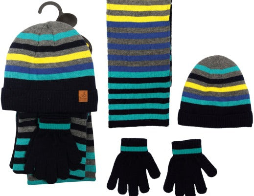BOYS STRIPED HAT, GLOVES & SCARF SET
