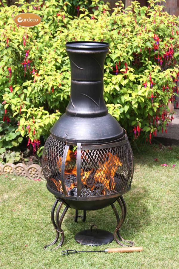 POT BELLY STEEL CHIMNEA WITH CENTRAL MESH & CAST IRON LEGS